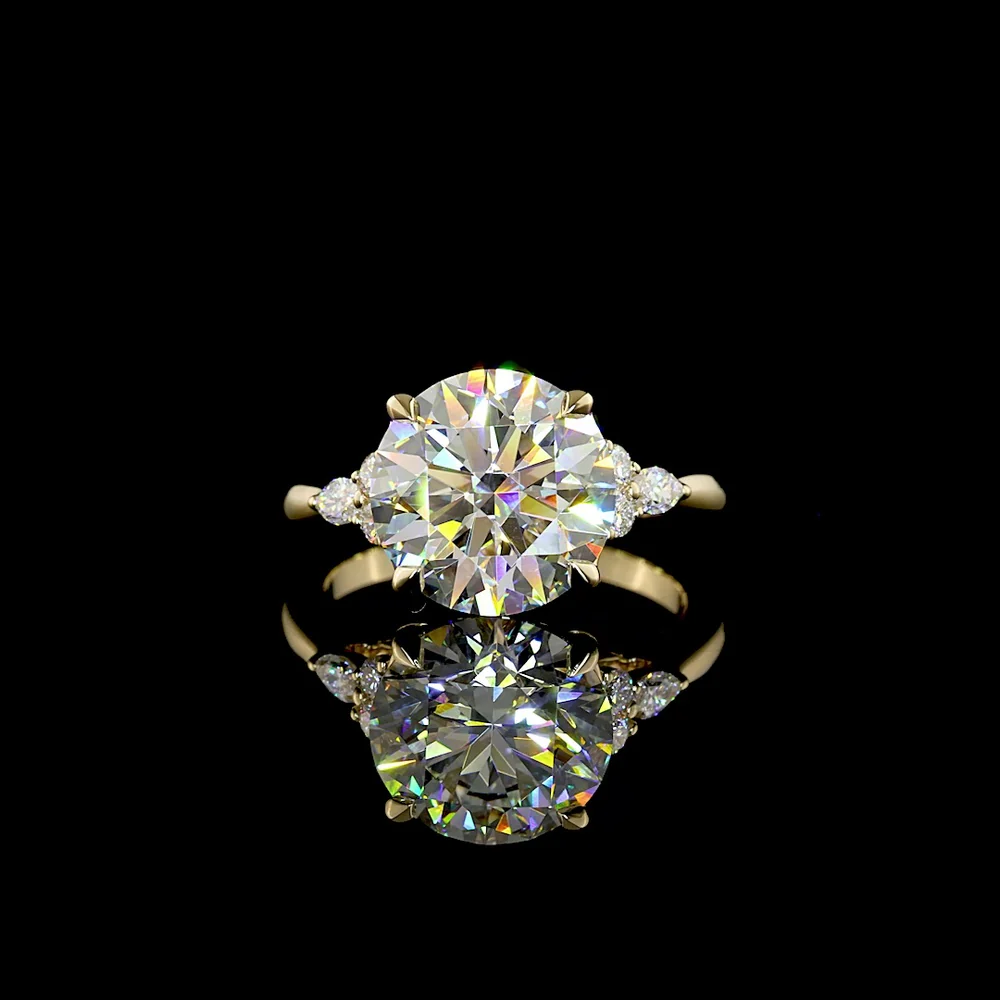 14K Yellow Gold Special Round Ring with 4.53 Carats Brilliant Cut Lab Diamond and Marquise Accent Diamonds - 4.78 Carats Total Diamond Weight - Covaloro Fine Jewelry