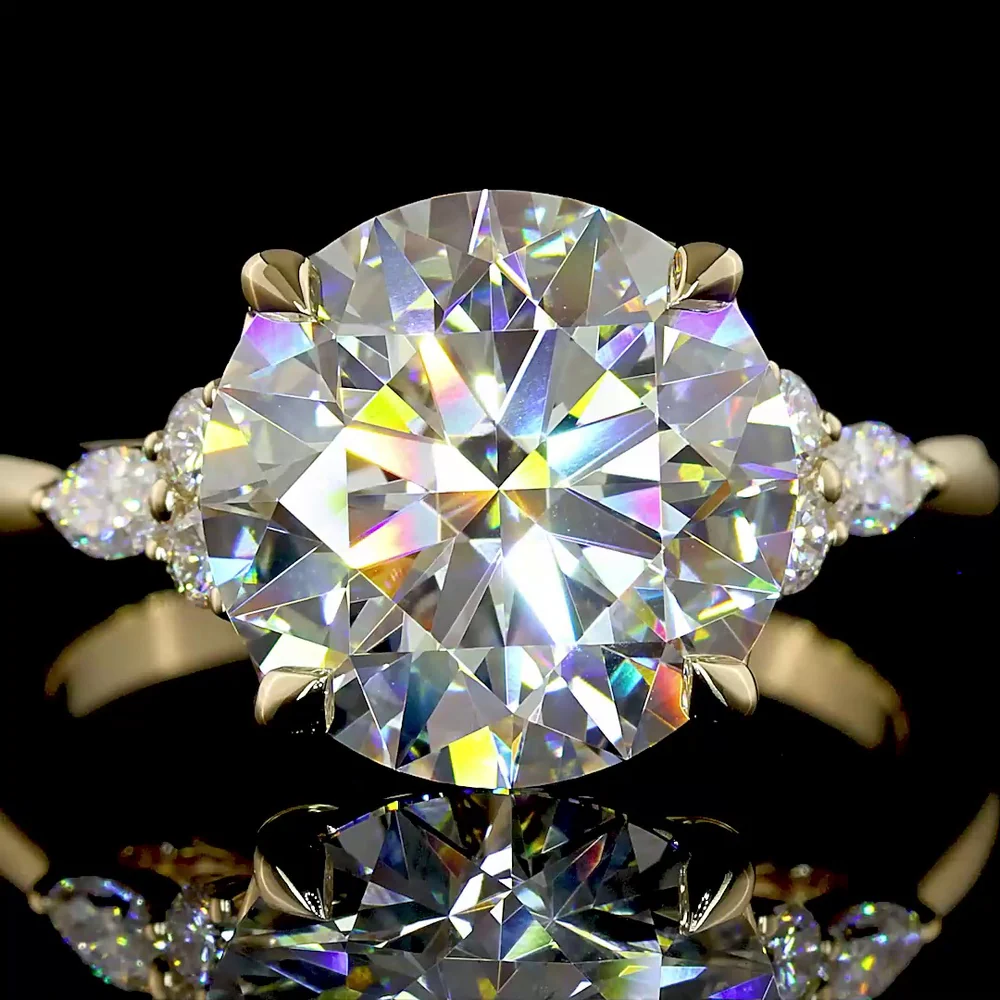 14K Yellow Gold Special Round Ring with 4.53 Carats Brilliant Cut Lab Diamond and Marquise Accent Diamonds - 4.78 Carats Total Diamond Weight - Covaloro Fine Jewelry - Image 2
