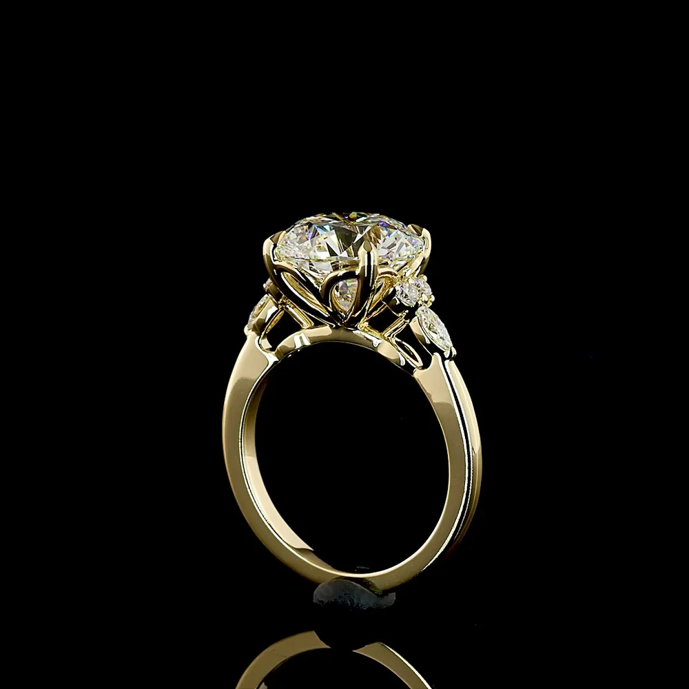 14K Yellow Gold Special Round Ring with 4.53 Carats Brilliant Cut Lab Diamond and Marquise Accent Diamonds - 4.78 Carats Total Diamond Weight - Covaloro Fine Jewelry - Image 3