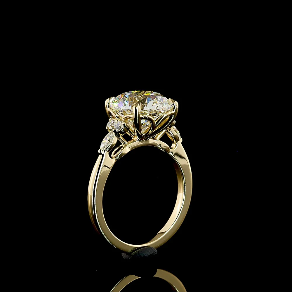 14K Yellow Gold Special Round Ring with 4.53 Carats Brilliant Cut Lab Diamond and Marquise Accent Diamonds - 4.78 Carats Total Diamond Weight - Covaloro Fine Jewelry - Image 4
