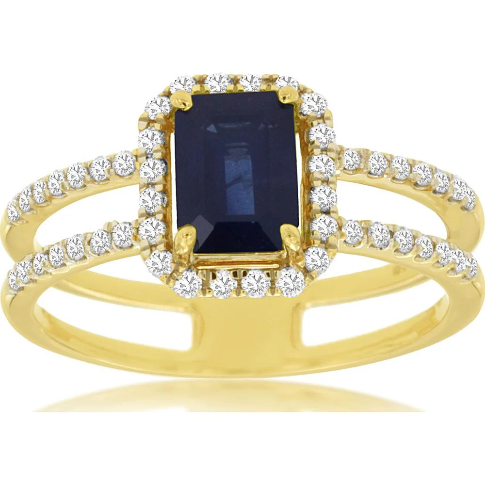 14K Yellow Gold Split Band Halo Ring with Emerald Cut Sapphire and Round Diamonds - 1.10 Carat Sapphire, 0.30 Carat Total Diamond Weight - Royal Jewelry