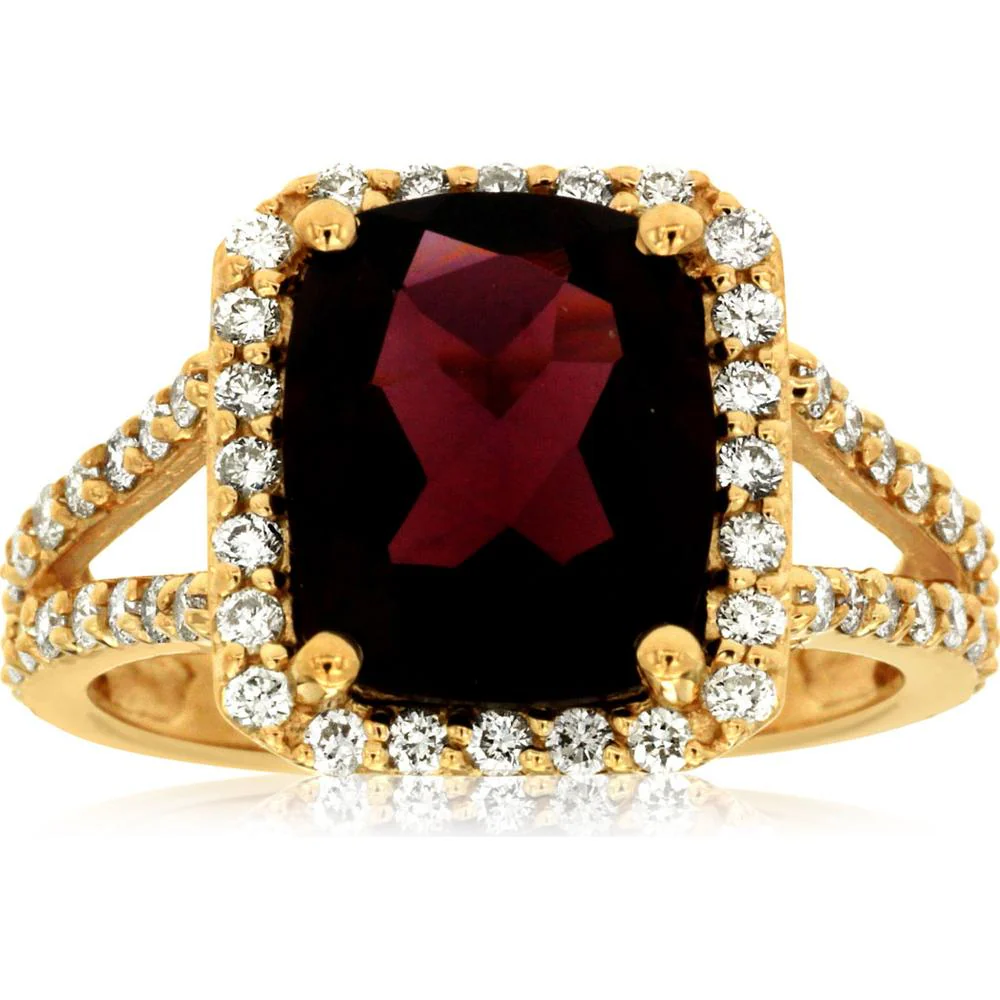 14K Yellow Gold Split Shank Halo Ring with Cushion Cut Garnet and Round Diamonds - 4.70 Carat Garnet and 1.00 Carat Total Diamond Weight - Royal Jewelry