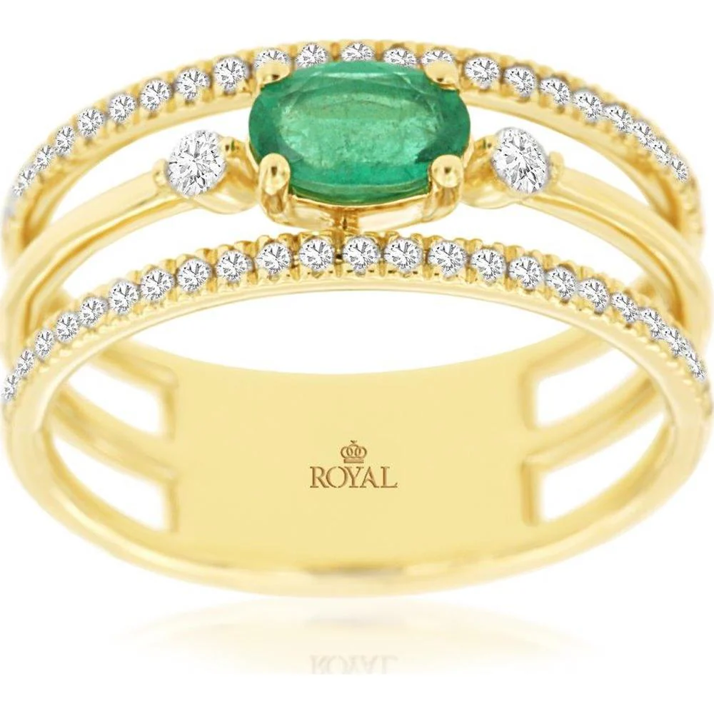 14K Yellow Gold Split Shank Ring with 0.45 Carat Oval Emerald and 0.33 Carat Total Weight Round Diamonds - Royal Jewelry