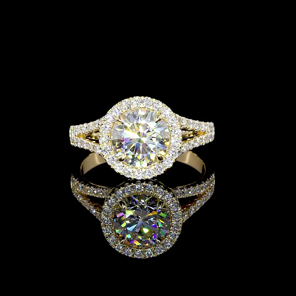 14K Yellow Gold Split Shank Ring with 3.25 Carat Round Brilliant Cut Lab Diamond and Halo Setting - 3.90 Total Carat Weight - Covaloro Fine Jewelry