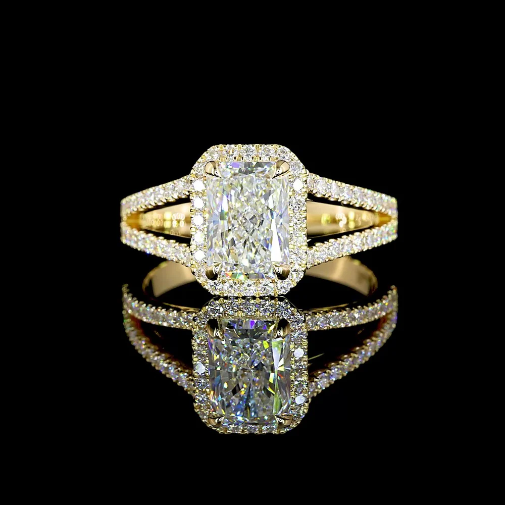 14K Yellow Gold Split Shank Ring with 4.12 Carat Radiant Cut Lab Diamond and Diamond Halo - 4.85 Carat Total Diamond Weight - Covaloro Fine Jewelry