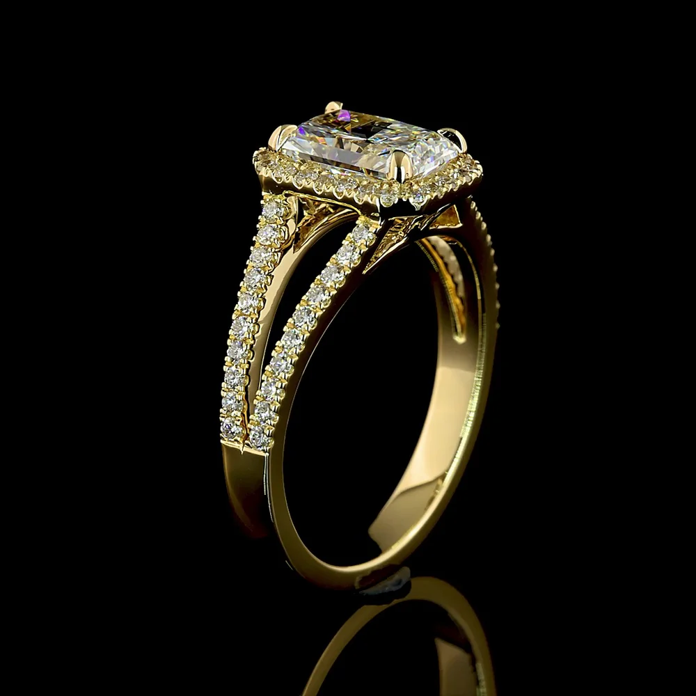 14K Yellow Gold Split Shank Ring with 4.12 Carat Radiant Cut Lab Diamond and Diamond Halo - 4.85 Carat Total Diamond Weight - Covaloro Fine Jewelry - Image 4