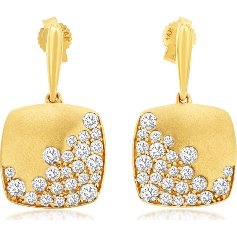 14K Yellow Gold Square Drop Earrings with Round Diamonds - 1.0 Carats Total Diamond Weight - Royal Jewelry