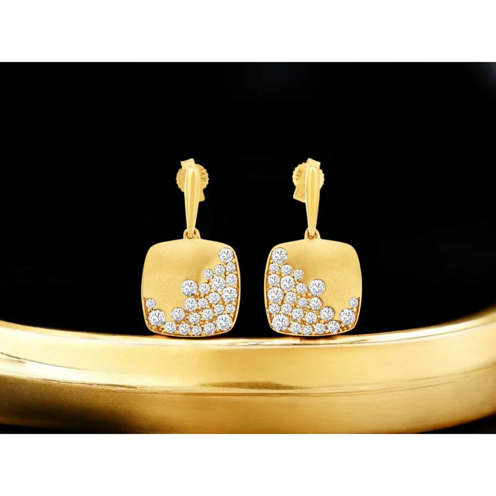 14K Yellow Gold Square Drop Earrings with Round Diamonds - 1.0 Carats Total Diamond Weight - Royal Jewelry - Image 2