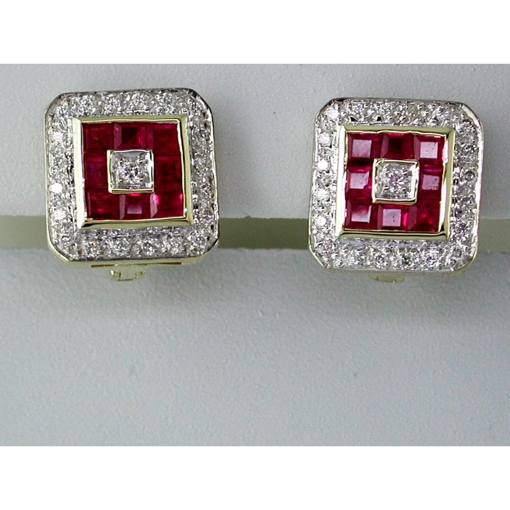 14K Yellow Gold Square Stud Earrings with Princess Cut Rubies and Princess Cut Diamond Centers - 0.90 Carat Total Ruby Weight & 0.26 Carat Total Diamond Weight - Royal Jewelry
