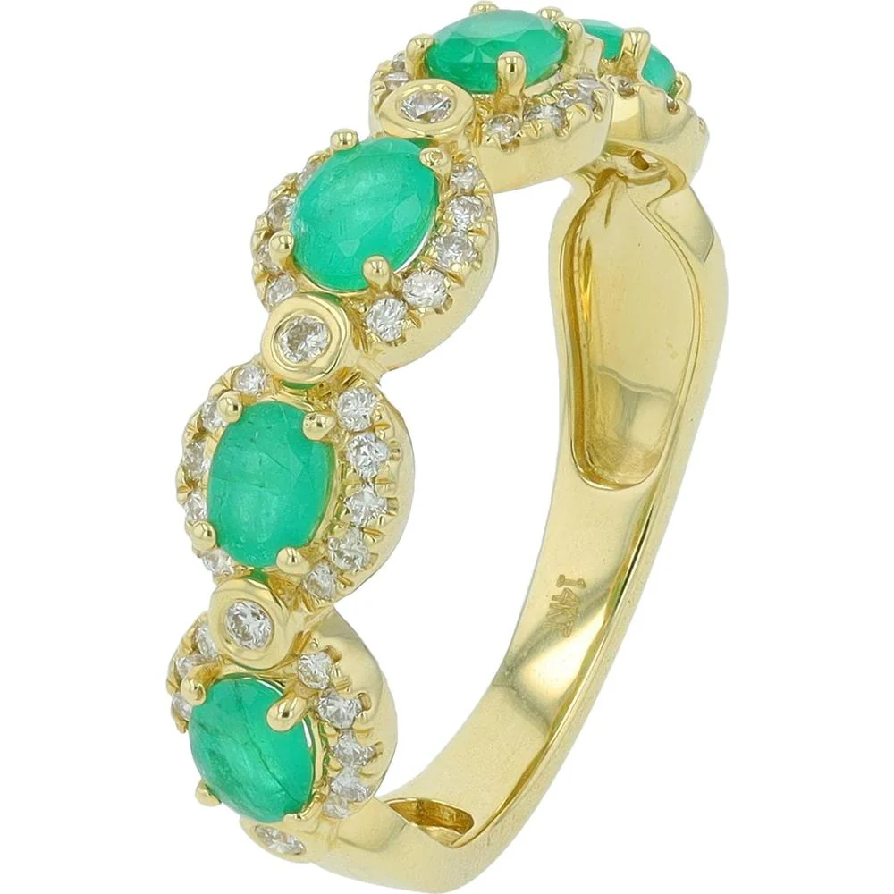 14K Yellow Gold Stackable Band with 0.75 Carat Oval Emeralds and 0.31 Carat Diamond Halo