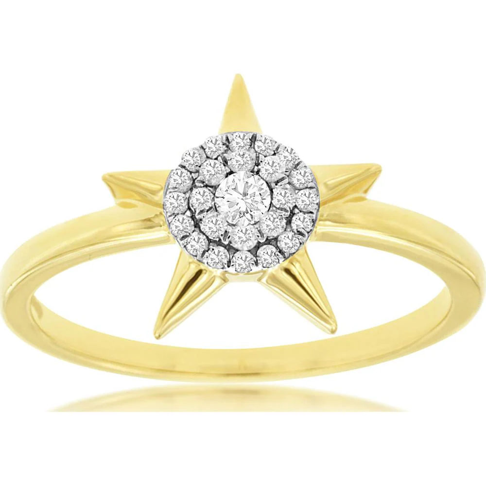 14K Yellow Gold Star Motif Ring with Round Brilliant Diamond Center and Halo Diamond Accents - 0.15 Carat Total Diamond Weight - Royal Jewelry