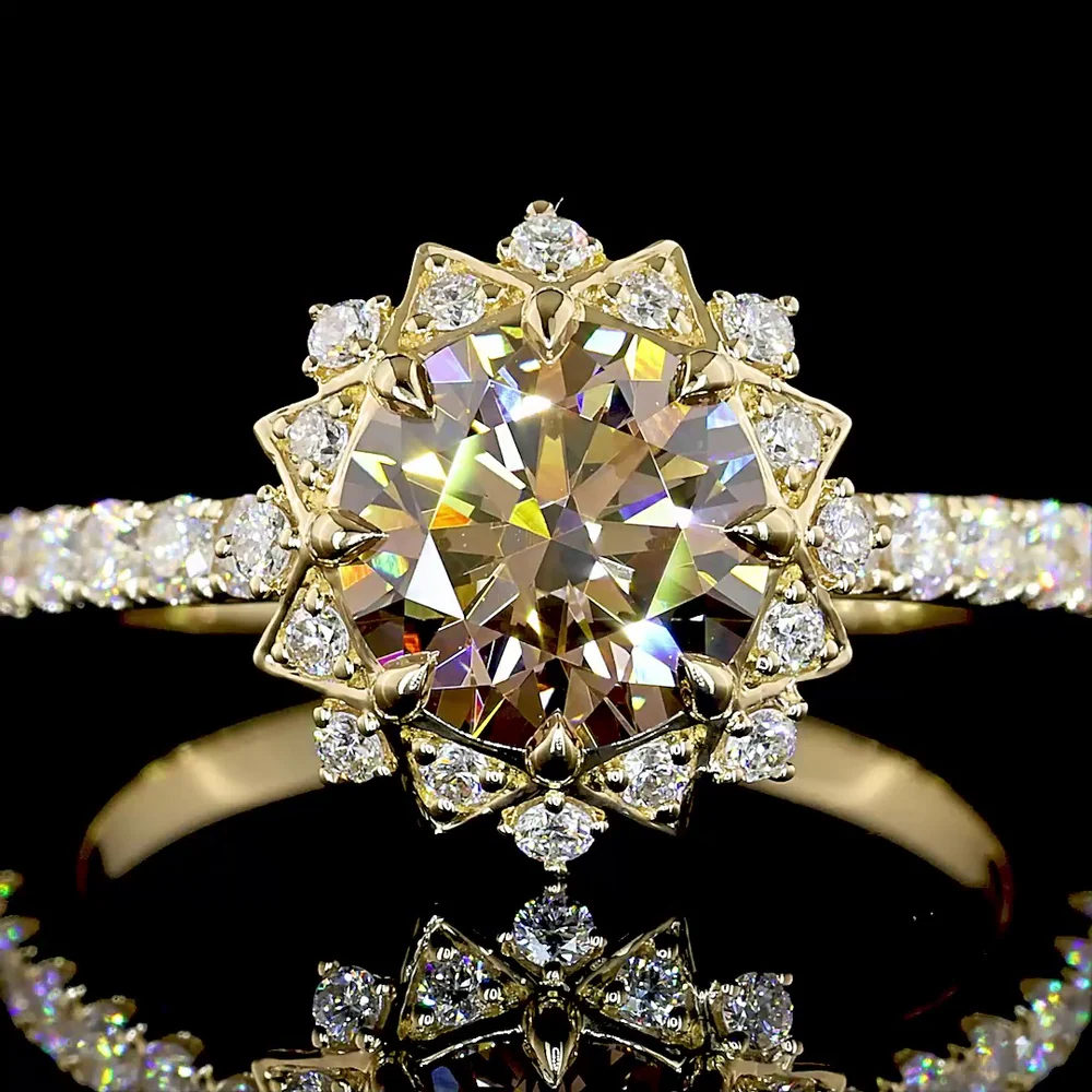 14K Yellow Gold Starburst Halo Ring with 1.52 Carat Round Brilliant Lab-Created Color Diamond and 0.43 Carat Accent Diamonds - 1.95 Carats Total Diamond Weight - Covaloro Fine Jewelry - Image 2