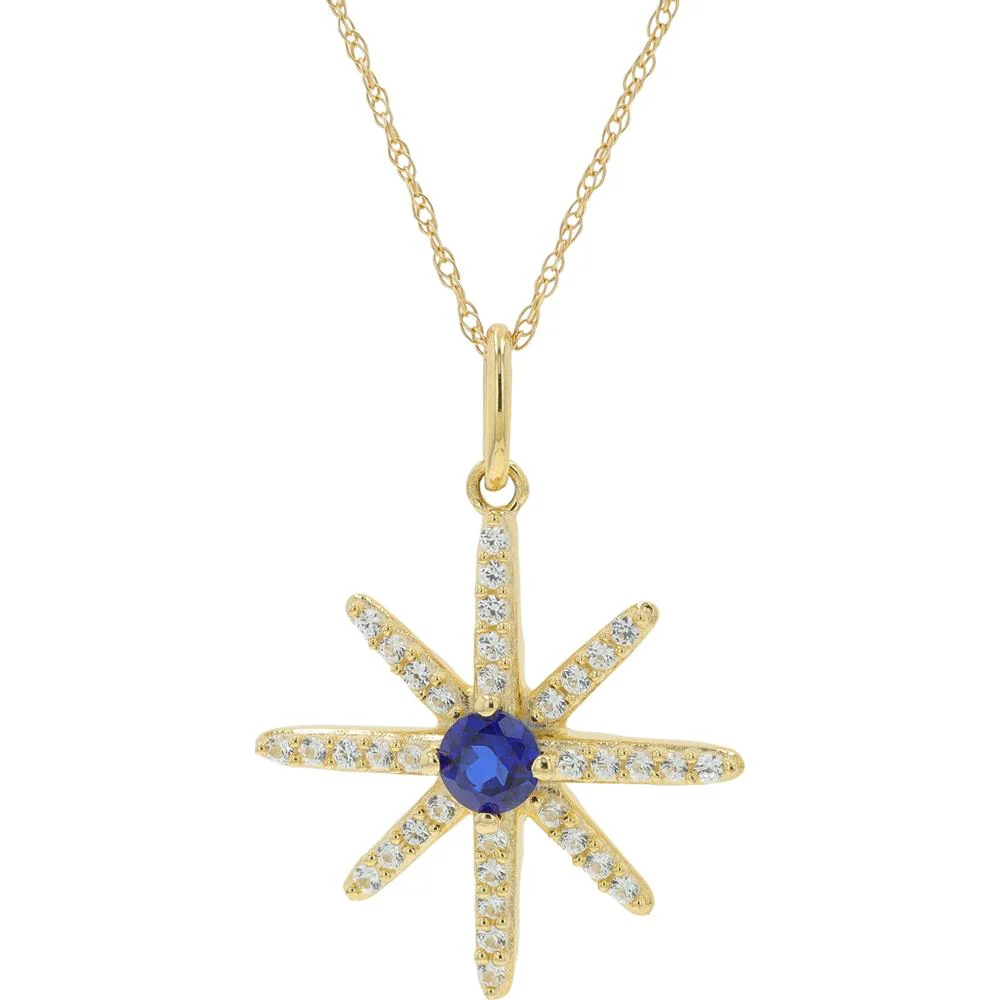 14K Yellow Gold Starburst Pendant Necklace with Created Blue Sapphire Center and White Sapphire Accents - 0.75 Carat Total Gem Weight