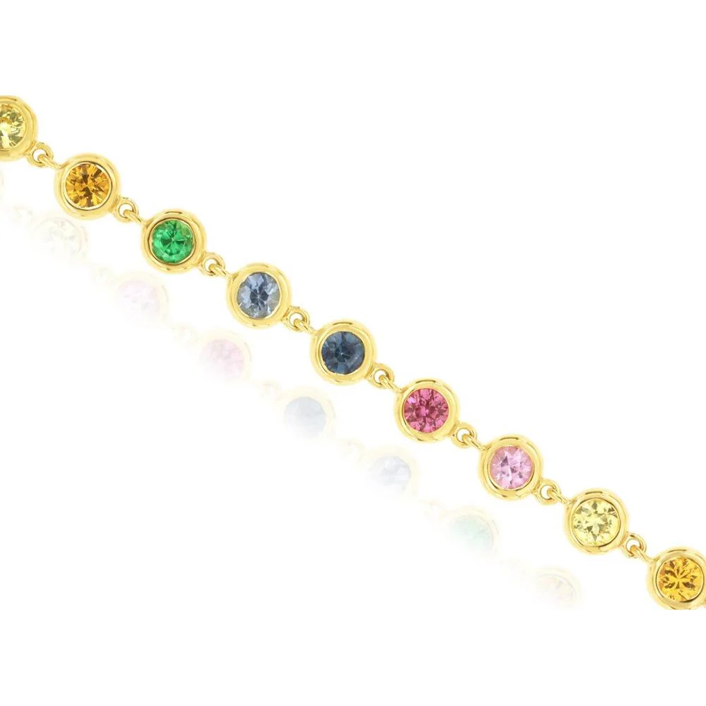 14K Yellow Gold Station Bracelet with Bezel-Set Round Mixed Color Sapphires - 1.55 Carat Total Sapphire Weight - Royal Jewelry