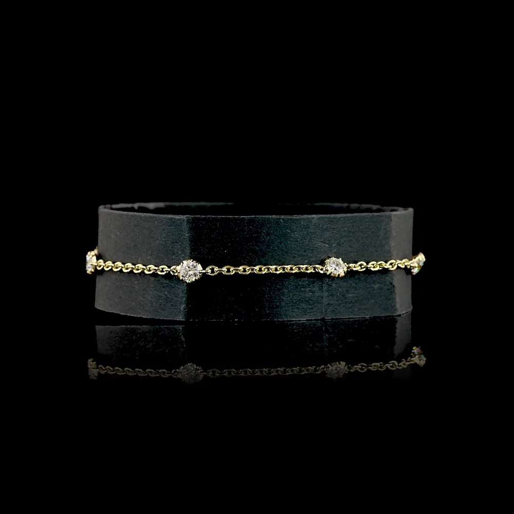 14K Yellow Gold Station Bracelet with Black Leather Cuff and 0.66 Carats Lab Grown Round Brilliant Diamonds (E-F VS1) - Covaloro Fine Jewelry
