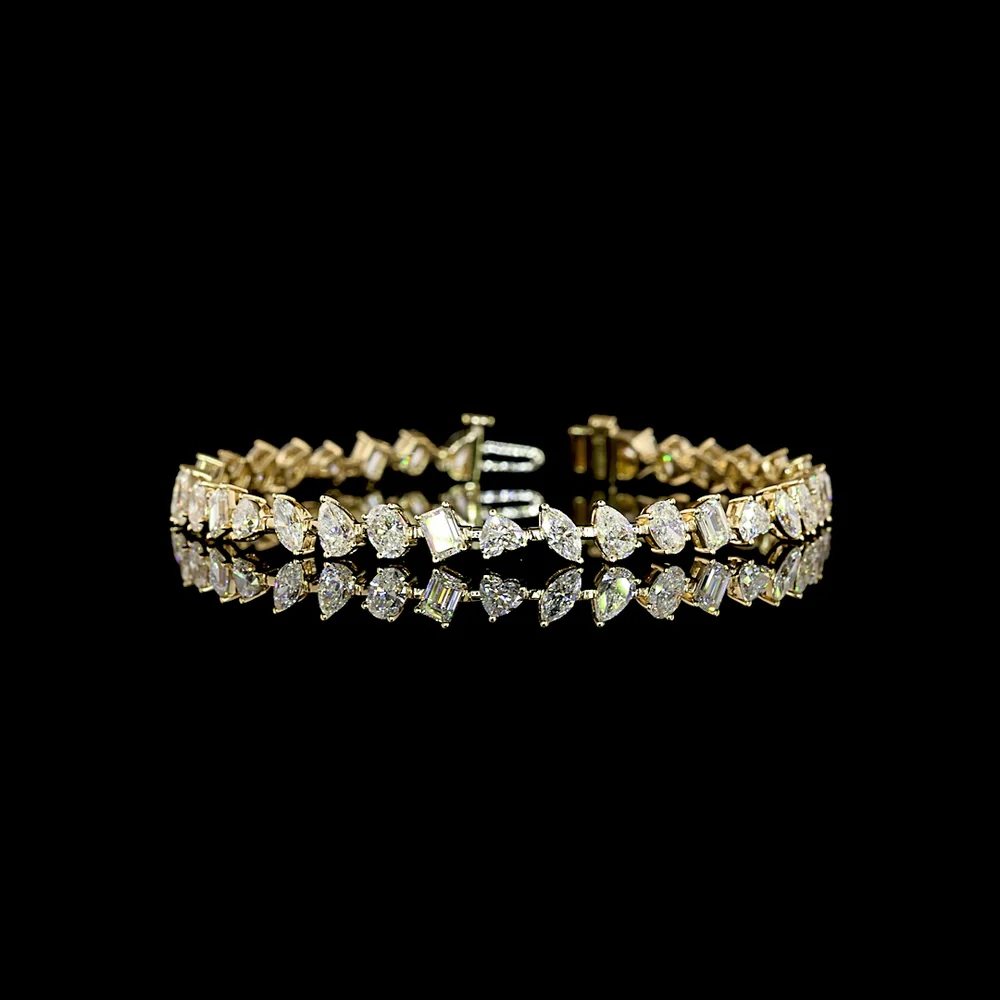 14K Yellow Gold Station Bracelet with Mixed Shape Lab Diamonds (Oval, Emerald, Heart, Pear) - 7.49 Carats Total Diamond Weight, E-F VS1 - Covaloro Fine Jewelry