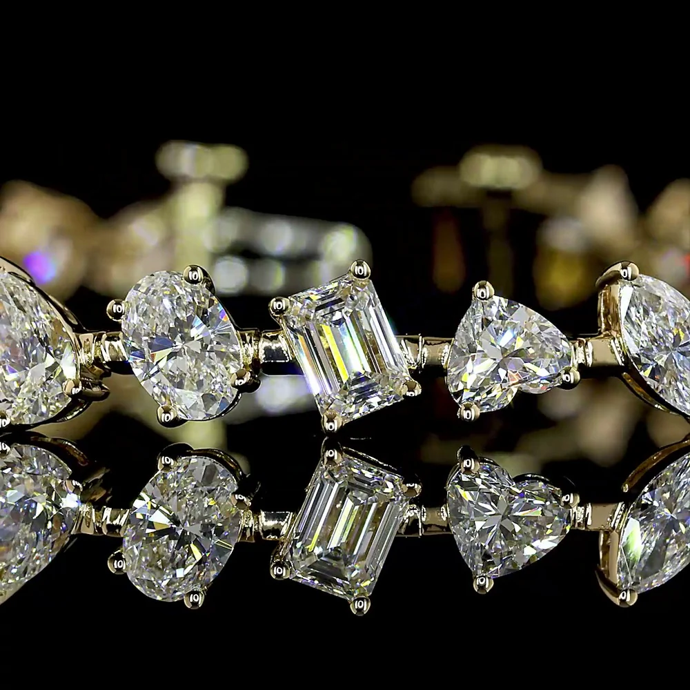 14K Yellow Gold Station Bracelet with Mixed Shape Lab Diamonds (Oval, Emerald, Heart, Pear) - 7.49 Carats Total Diamond Weight, E-F VS1 - Covaloro Fine Jewelry - Image 2