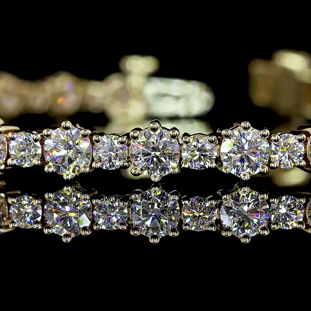 14K Yellow Gold Station Line Tennis Bracelet with 60 Round Brilliant Cut Lab Diamonds - 6.08 Carat Total Diamond Weight - Covaloro Fine Jewelry - Image 2