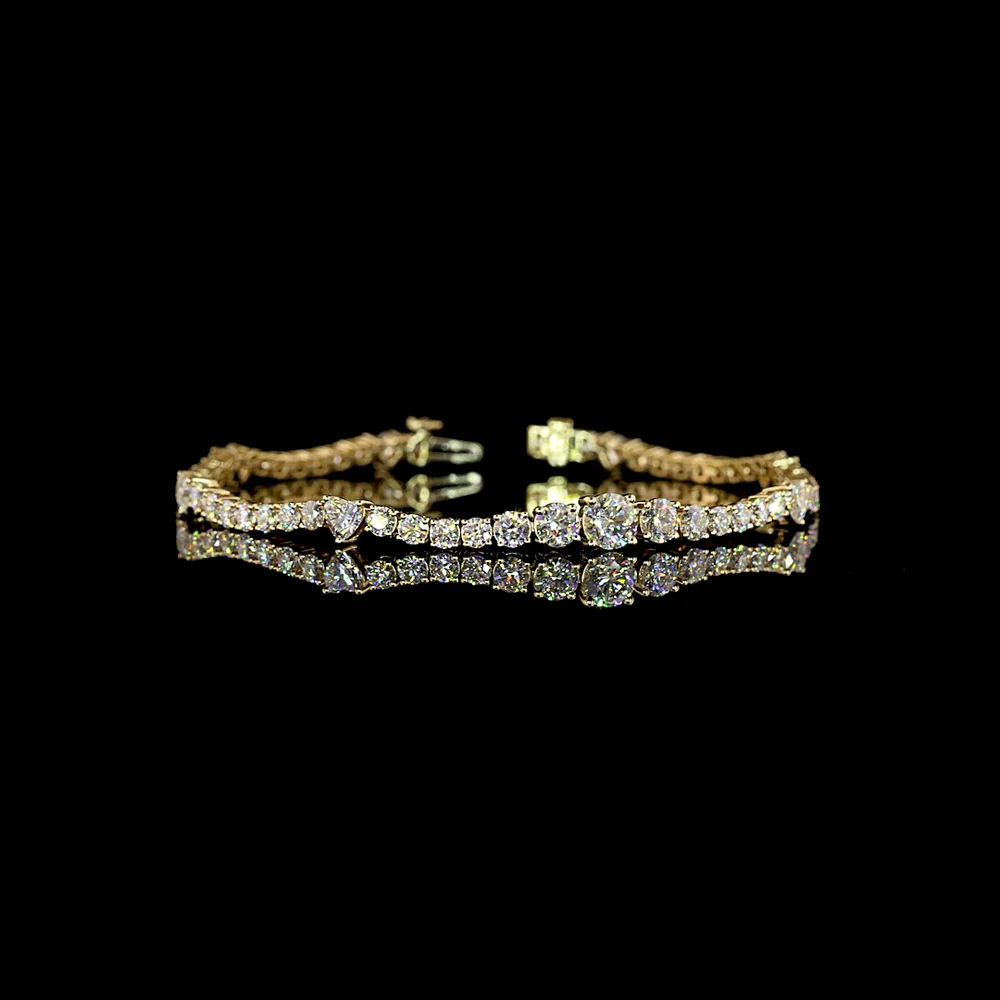 14K Yellow Gold Station Line Tennis Bracelet with Round Brilliant and Heart Shaped Lab Diamonds - 5.78 Carat Total Diamond Weight - Covaloro Fine Jewelry