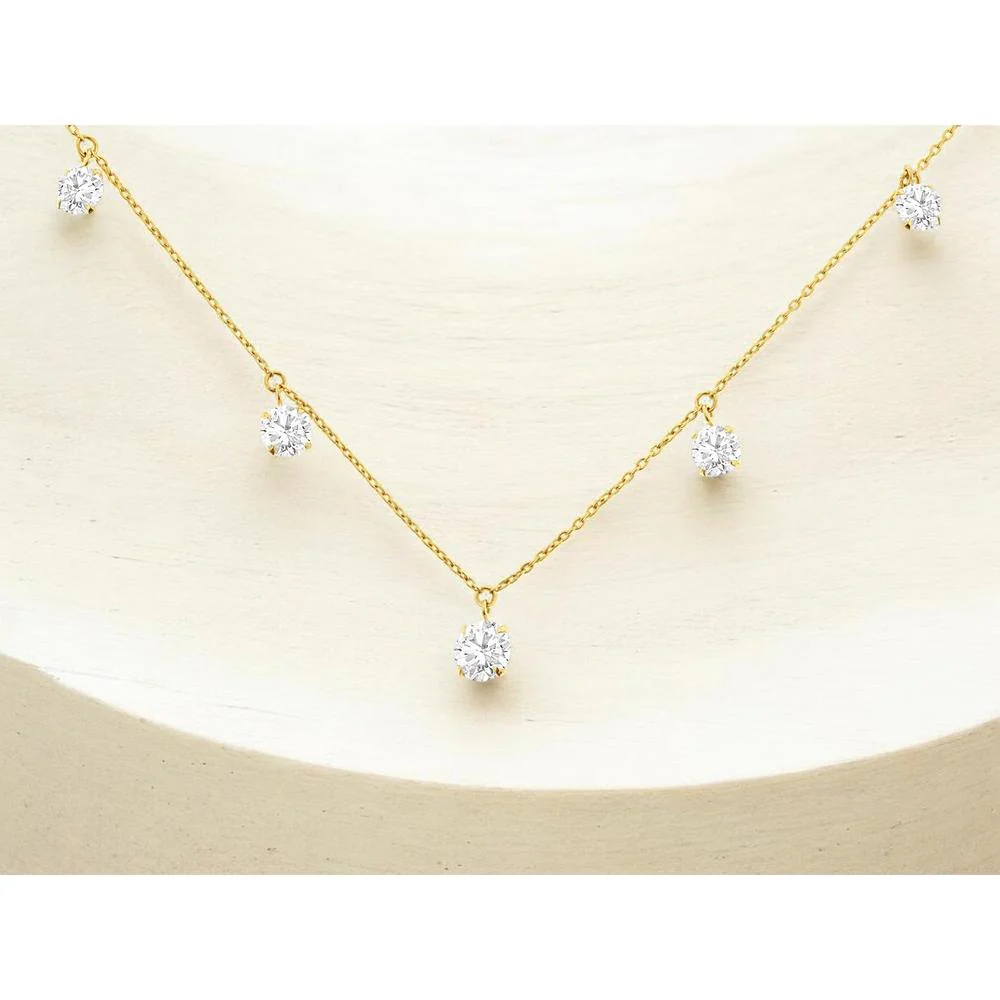 14K Yellow Gold Station Necklace with 2.10 Carat Total Weight Round Brilliant Lab Grown Diamonds in Prong Settings - Royal Jewelry - Image 2