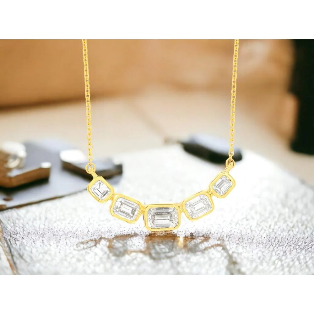 14K Yellow Gold Station Necklace with Bezel-Style Set Emerald-Cut Diamonds - 0.8 Carat Total Diamond Weight - Royal Jewelry - Image 2