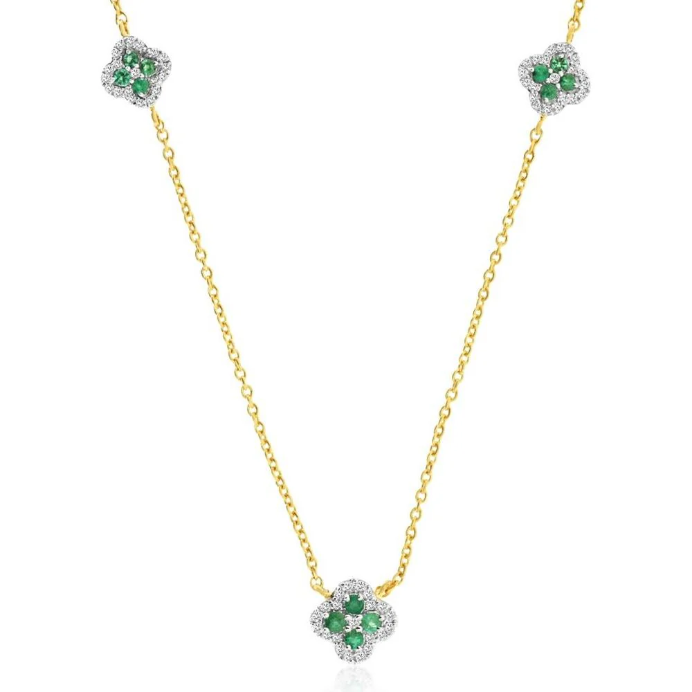 14K Yellow Gold Station Necklace with Floral Emerald and Diamond Motifs - 0.20 Carat Total Emerald Weight and 0.19 Carat Total Diamond Weight - Royal Jewelry