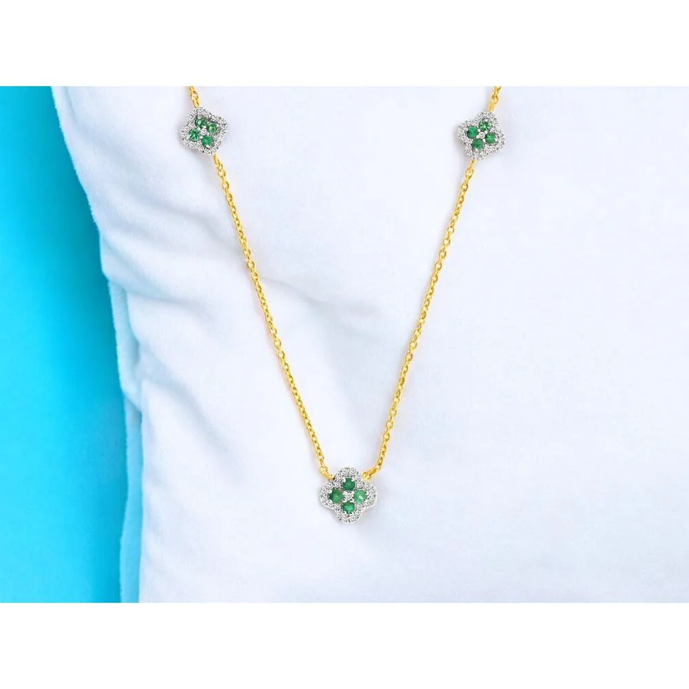 14K Yellow Gold Station Necklace with Floral Emerald and Diamond Motifs - 0.20 Carat Total Emerald Weight and 0.19 Carat Total Diamond Weight - Royal Jewelry - Image 2