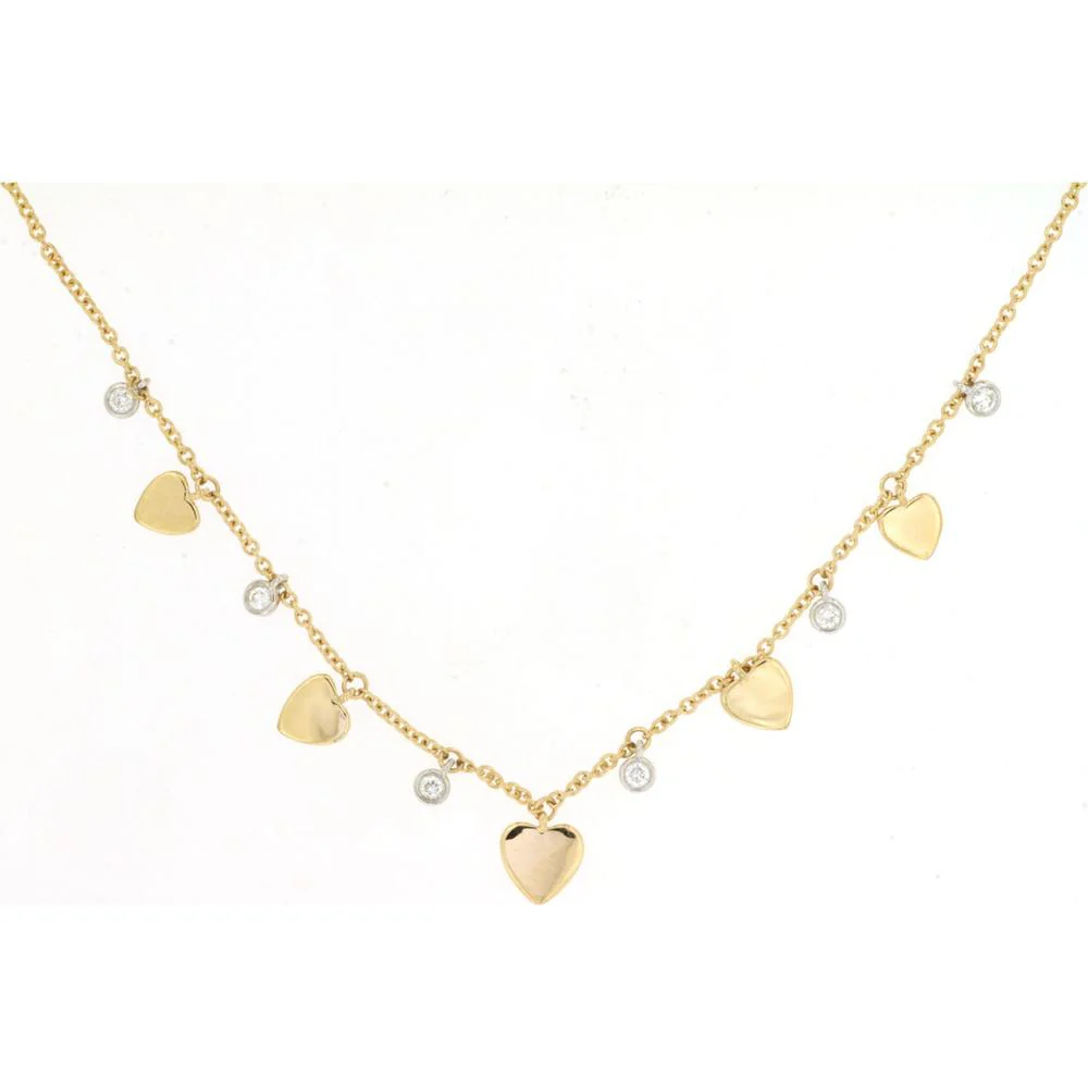 14K Yellow Gold Station Necklace with Heart Charms and Bezel Set Round Diamonds - 0.11 Carat Total Diamond Weight - Royal Jewelry