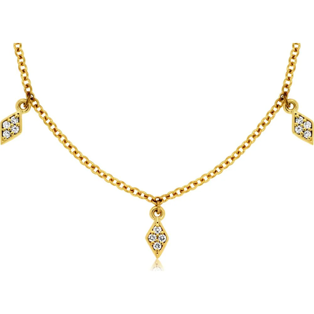 14K Yellow Gold Station Necklace with Kite-Shaped Diamond Cluster Charms - 0.30 Carat Total Diamond Weight - Royal Jewelry