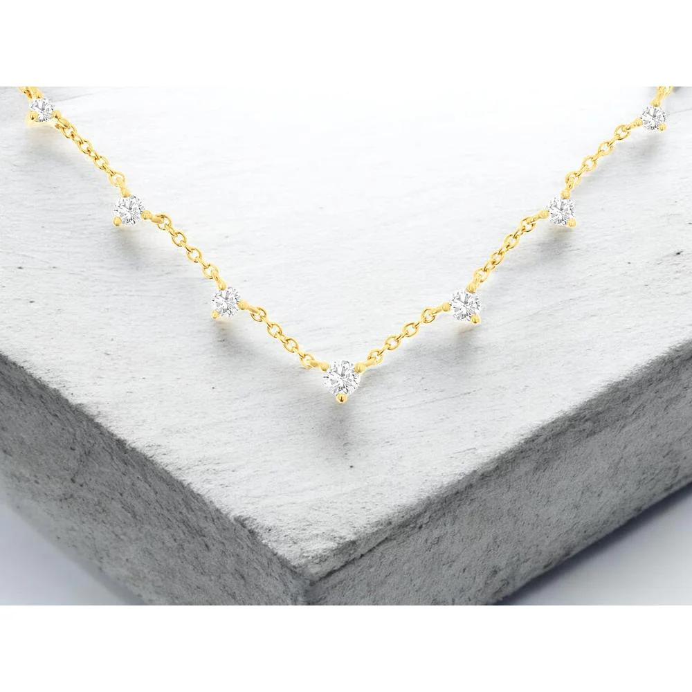 14K Yellow Gold Station Necklace with Round Diamonds - 0.38 Carat Total Diamond Weight - Royal Jewelry - Image 2