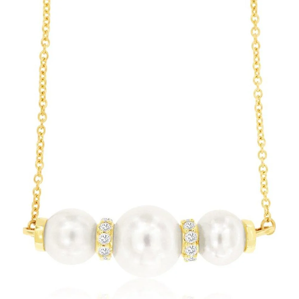 14K Yellow Gold Station Necklace with Three Pearls and Diamond Accents – 0.15 Carat Total Diamond Weight - Royal Jewelry