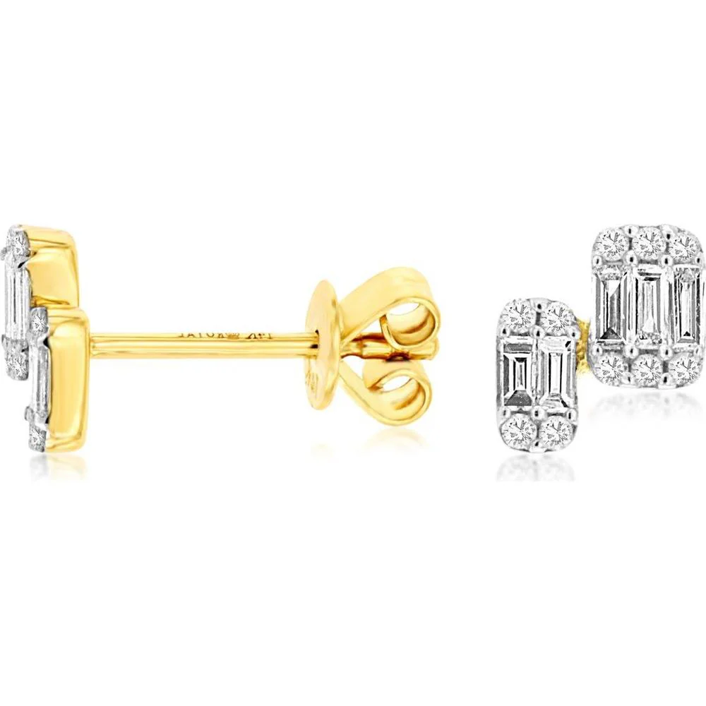 14K Yellow Gold Stud Earrings with Baguette and Round Diamonds - 0.24 Carat Total Diamond Weight - Royal Jewelry