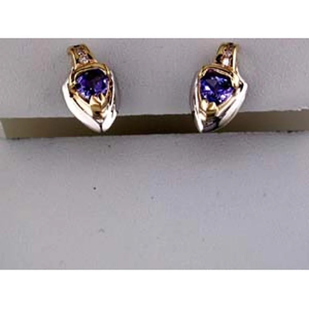 14K Yellow Gold Stud Earrings with Trillion Tanzanite and Round Diamond Accents - 0.50 Carat Total Tanzanite Weight & 0.09 Carat Total Diamond Weight - Royal Jewelry