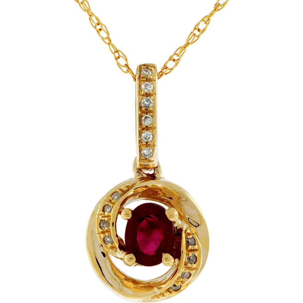14K Yellow Gold Swirl Pendant Necklace with Oval Ruby and Pavé-Set Diamond Accents - 0.20 Carat Ruby, 0.04 Carat Diamond Total Weight - Royal Jewelry