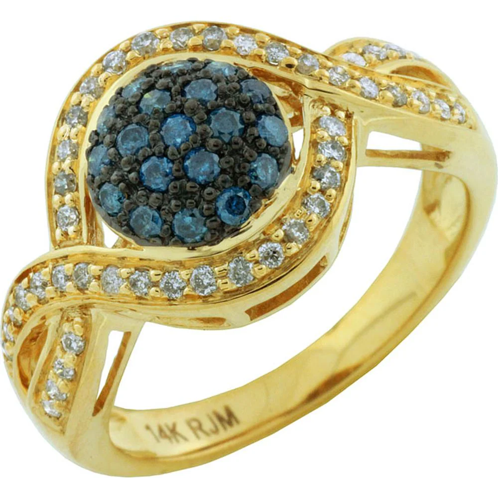 14K Yellow Gold Swirl Ring with 0.26 Carat Round White Diamonds and 0.24 Carat Blue Diamond Cluster – Total 0.50 Carats - Royal Jewelry