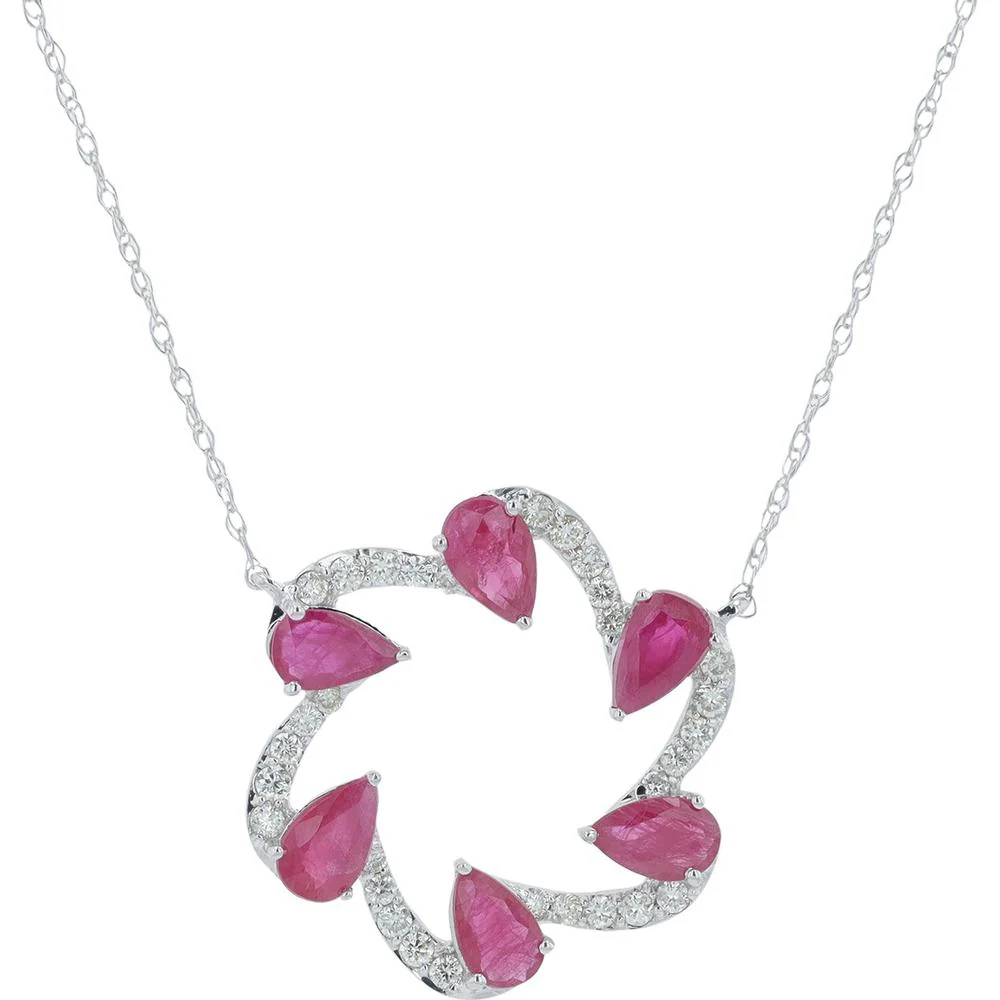 14K Yellow Gold Swirling Floral Pendant with 1.15 - 1.50 Carat Pear - Shaped Rubies and 0.25 Carat Diamond Accents