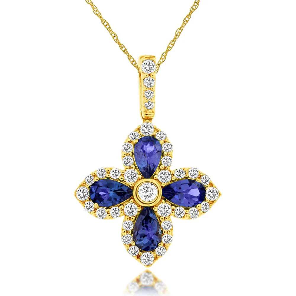 14K Yellow Gold Tanzanite & Diamond Pendant Necklace - 1.25 Carats Tanzanite, 0.40 Carats Diamond Total Weight - Royal Jewelry