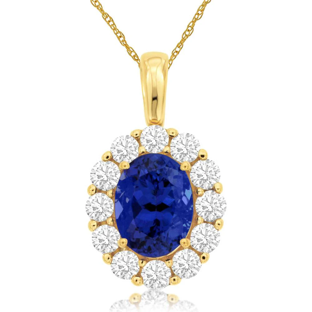 14K Yellow Gold Tanzanite & Diamond Pendant with Oval Tanzanite - 1.30 Carats Tanzanite, 0.75 Carats Total Diamond Weight - Royal Jewelry