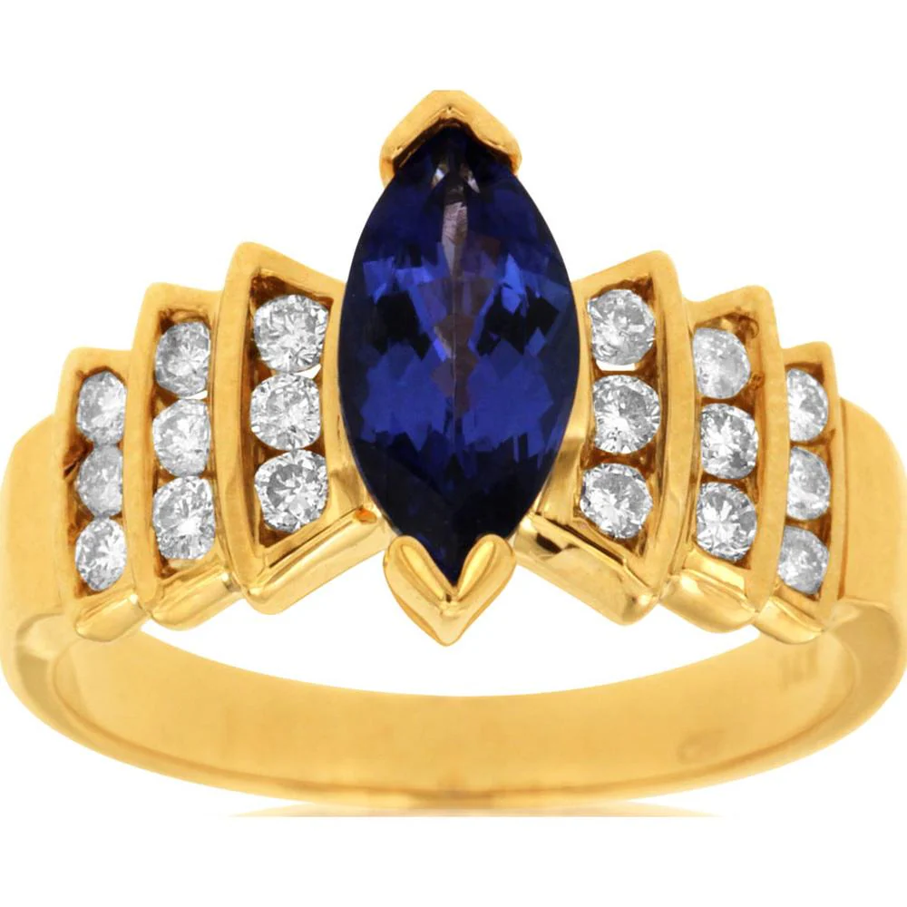 14K Yellow Gold Tanzanite & Round Diamond Ring with Marquise Tanzanite - 1.15 Carats Tanzanite, 0.42 Carats Total Diamond Weight - Royal Jewelry