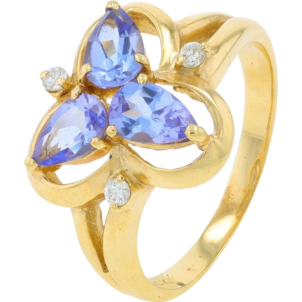 14K Yellow Gold Tanzanite Ring with 0.09 Carat Total Diamond Weight and Pear - Shaped Tanzanite Stones