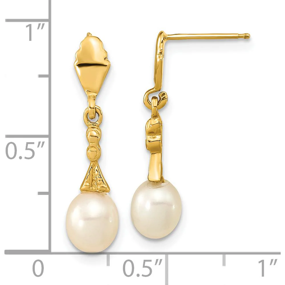 14K Yellow Gold Teardrop Freshwater Cultured Pearl Dangle Earrings - 5-6mm Pearls by Monteluci Fine Jewelry - Image 4