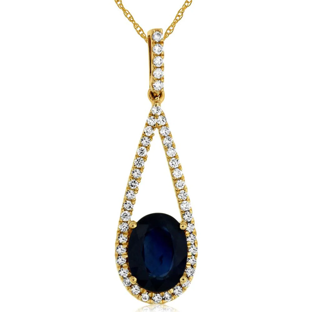 14K Yellow Gold Teardrop Pendant with 1.47 Carat Oval Sapphire and 0.23 Carat Diamond Halo - Royal Jewelry
