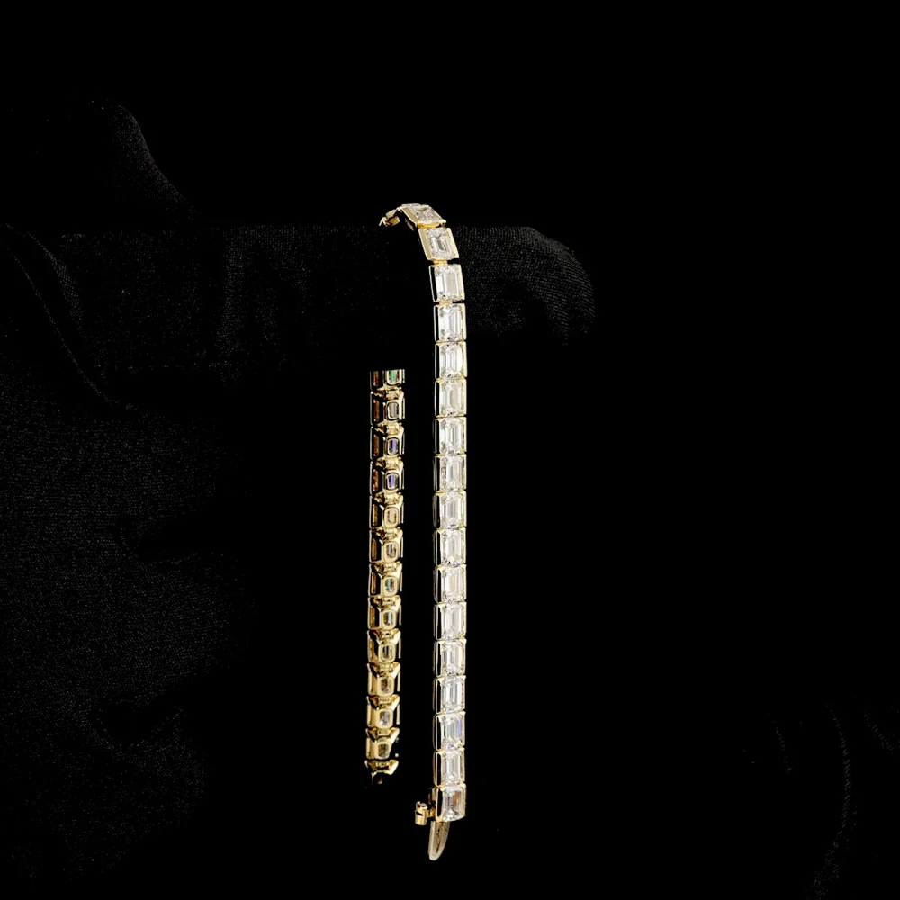 14K Yellow Gold Tennis Bracelet with 37 East-West Half-Bezel Set Emerald Cut Lab Diamonds - 11.96 Carat Total Weight - Covaloro Fine Jewelry - Image 3