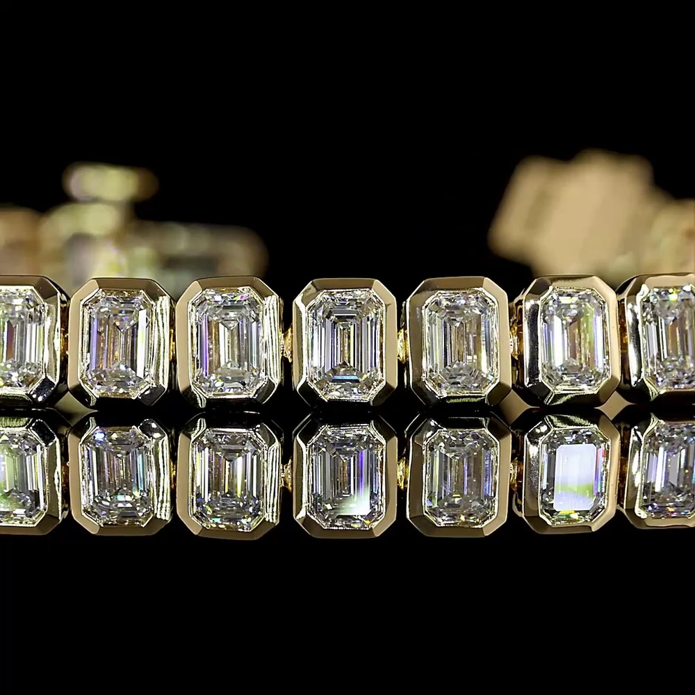 14K Yellow Gold Tennis Bracelet with 50 Bezel Set Emerald Cut Lab Diamonds - 5.49 Carat Total Weight, E-F Color VS Clarity - Covaloro Fine Jewelry - Image 2