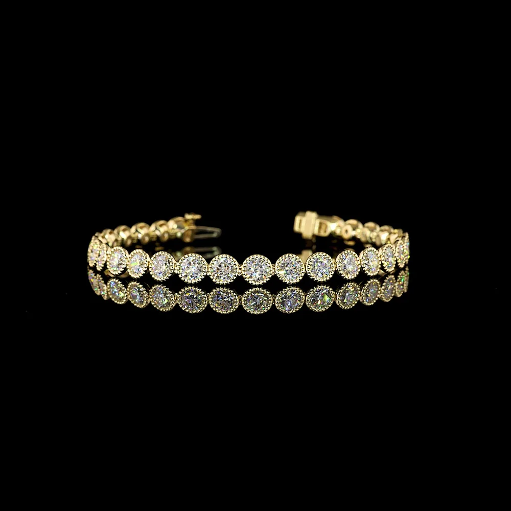 14K Yellow Gold Tennis Bracelet with 9.18 Carat Bezel Set Round Lab Diamonds E-F VS Clarity and Milgrain Detail - Covaloro Fine Jewelry