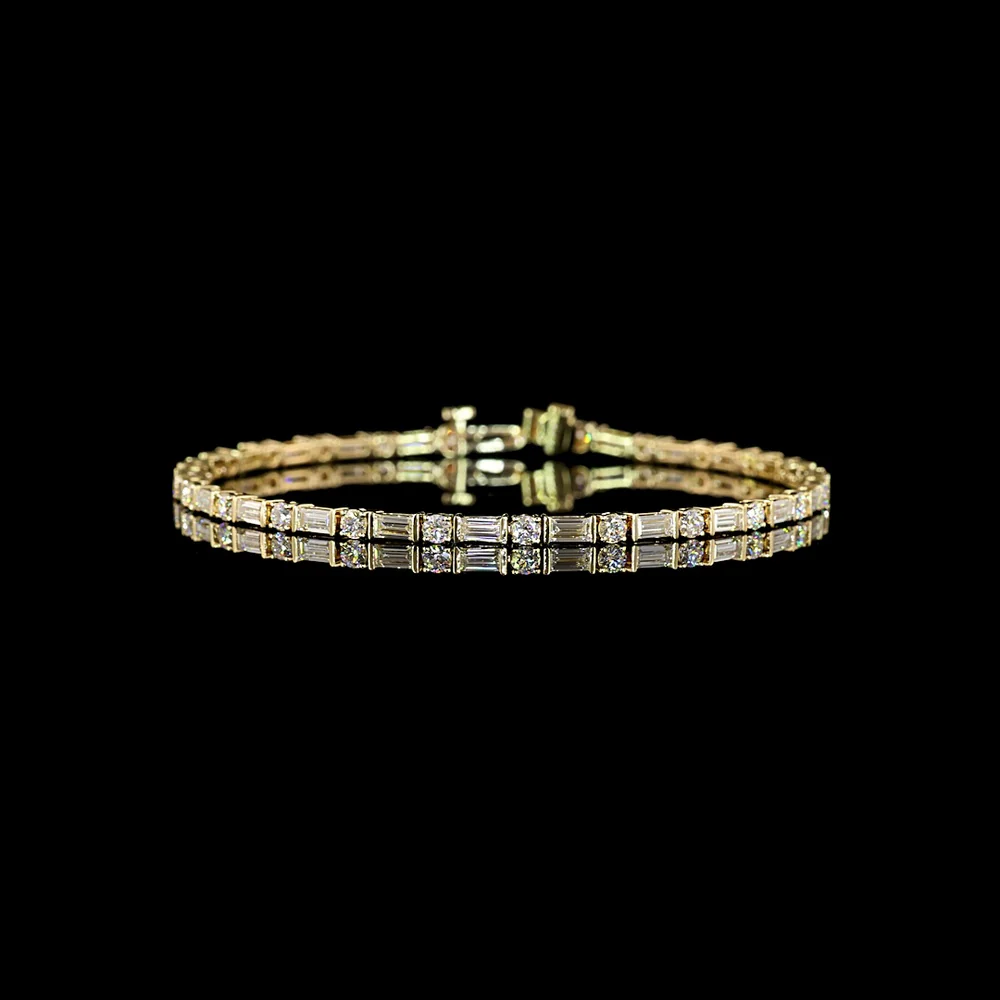 14K Yellow Gold Tennis Bracelet with Alternating Baguette and Brilliant Cut Lab Diamonds - 3.79 Carat Total Weight, E-F Color, VS1 Clarity - Covaloro Fine Jewelry