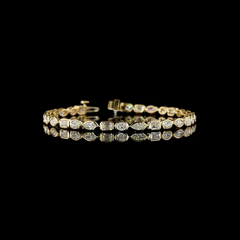 14K Yellow Gold Tennis Bracelet with Alternating Emerald, Marquise, and Oval Cut Lab Diamonds - 5.25 Carats Total Diamond Weight - Covaloro Fine Jewelry
