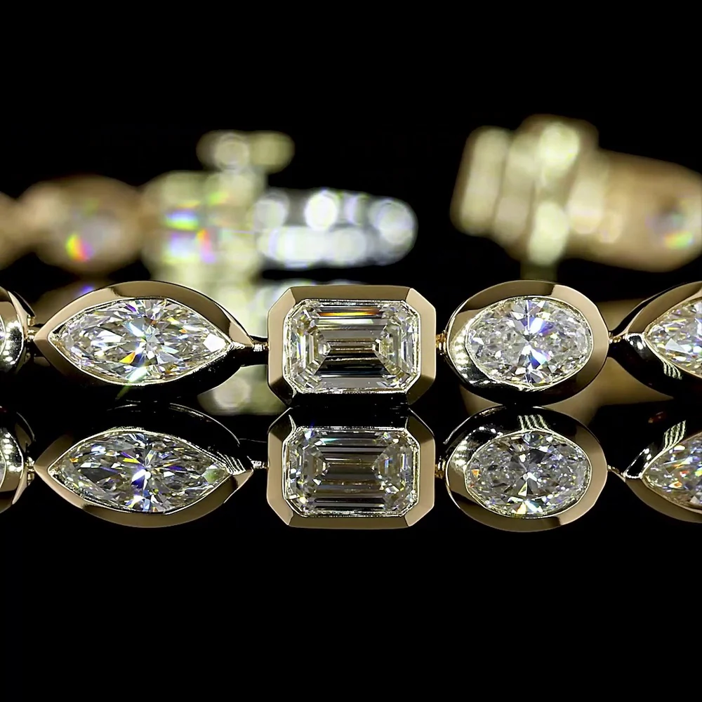 14K Yellow Gold Tennis Bracelet with Alternating Emerald, Marquise, and Oval Cut Lab Diamonds - 5.25 Carats Total Diamond Weight - Covaloro Fine Jewelry - Image 2