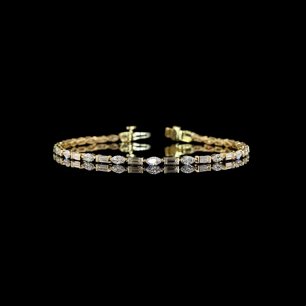 14K Yellow Gold Tennis Bracelet with Alternating Marquise and Baguette Lab Diamonds - 3.70 Carat Total Weight, E-F VS Clarity - Covaloro Fine Jewelry