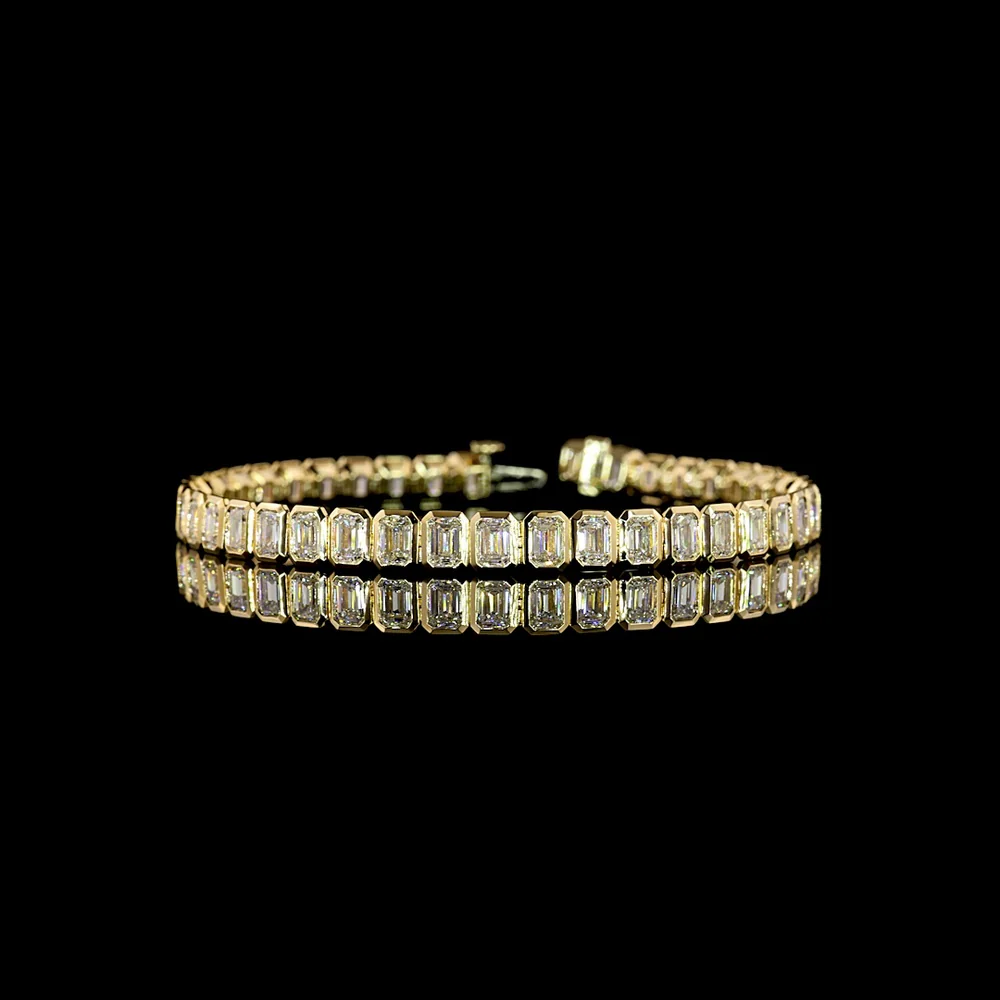 14K Yellow Gold Tennis Bracelet with Bezel Set Emerald Cut Lab Diamonds - 10.45 Carat Total Weight, E-F Color, VS1 Clarity - Covaloro Fine Jewelry